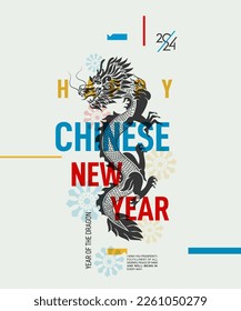 Happy Chinese New Year poster 2024. Zodiac sign, year of the Dragon, with black paper cut art and craft style on white color background. Vector Year of Dragon, Chinese New Year illustration.