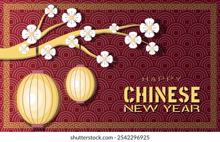 Happy Chinese New Year poster with Chinese lanterns hanging on tree branches