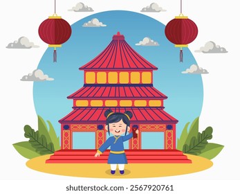 Happy Chinese New Year Poster with Cartoon Chinese Girl Holding Envelope in Front of Heaven Temple and Lanterns Hang.