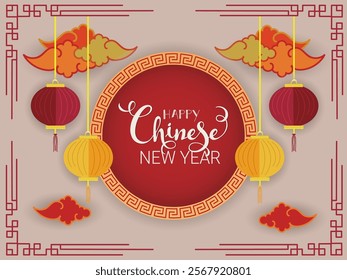 Happy Chinese New Year Poster Design with Paper Lanterns Hang and Clouds Decorated Background.