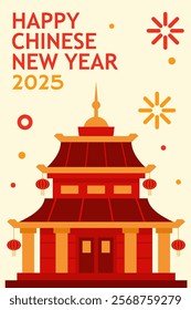 Happy Chinese New Year poster with traditional asian architecture house. Chinese New Year 2025 flyer, banner. Festive Year of the Snake Illustration.