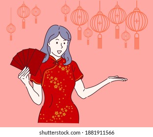 Schönes chinesisches Neujahr. Hübsches asiatisches Mädchen mit chinesischem traditionellem Kleid Cheongsam oder qipao, das ein Päckchen oder ein rotes Paket monetäres Geschenk hält. Handgezeichnet in dünner Linie, Vektorgrafiken.