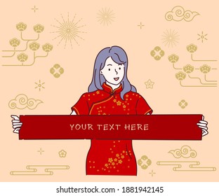 Schönes chinesisches Neujahr. Hübsches asiatisches Mädchen mit chinesischer traditioneller Kleidung cheongsam oder qipao und zeigen leere Frühlingsfestivals-Fesselbanner. Handgezeichnet in dünner Linie, Vektorgrafiken.