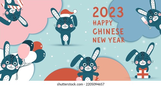 Happy Chinese New Year. The year of the rabbit . Banner with cute rabbits. Winter hare symbol of 2023 year. Vector flat animal character illustration.