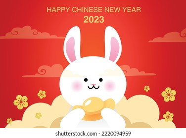 Happy chinese new year of the rabbit background with golden sycee ingot and clouds. Spring festival or Lunar New Year celebration vector greeting card. Zodiac rabbit holding sycee ingot. CNY 2023.