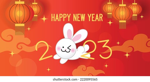 Happy Chinese New Year of rabbit 2023 greeting card. Spring festival or lunar new year celebration greeting card vector. CNY 2023. Cute zodiac rabbit on red background with red lanterns and clouds.