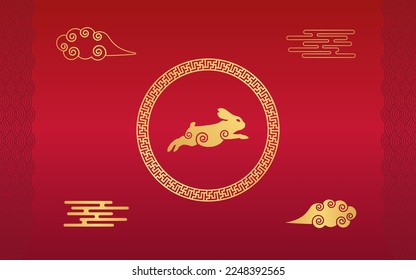Happy Chinese New Year Rabbit 2023 Background Template. Seamless Wave, Circle Border Pattern and Clouds Vector Illustration. For greetings card, invitation, posters, brochure, calendar, flyers, banner