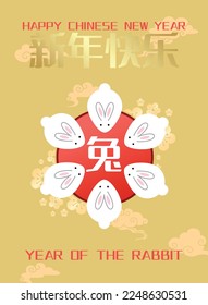 Happy chinese new year of the rabbit poster illustration. Group of cute little rabbits in circle with decorative flowers and clouds. Lunar new year 2023 greetings.