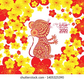 Happy chinese new year rat 2020 Zodiac sign with gold paper cut art and craft style on color Background