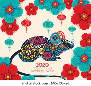 Happy Chinese New Year Rat 2020 Zodiac Sign With Gold Paper Cut Art And Craft Style On Color Background