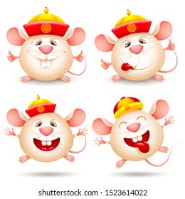 Happy Chinese New Year. Year of the Rat. Set of Cute and funny rat dancing and smiling. Wish health and prosperity in the new year. Cartoon Vector illustration.