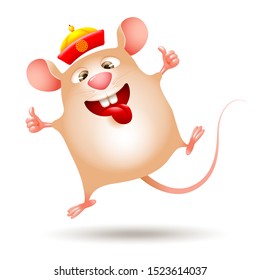 Happy Chinese New Year. Year of the Rat. Cute and funny rat dancing and smiling. Wish health and prosperity in the new year. Cartoon Vector illustration.