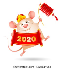 Happy Chinese New Year. Year of the Rat. Cute and funny rat dancing and holds scroll and paper lantern. Wish wealth and prosperity in the new year. Vector illustration.