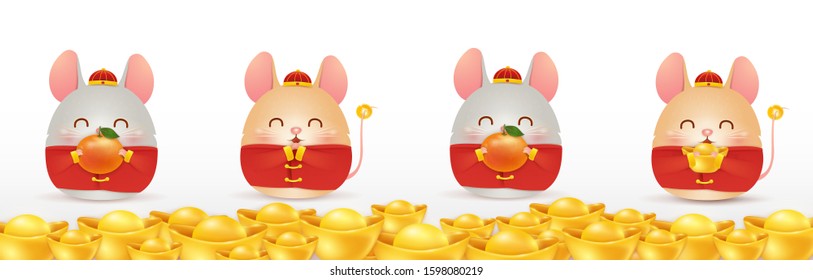 Happy Chinese New year of the rat. Zodiac symbol of the year 2020. Four little cartoon rats character with chinese gold ingot isolated. design greeting for card, invitation, posters, brochure, banner.