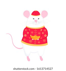 Happy Chinese New Year of the rat 2020. White mouse holding a golden ingot isolated on white background