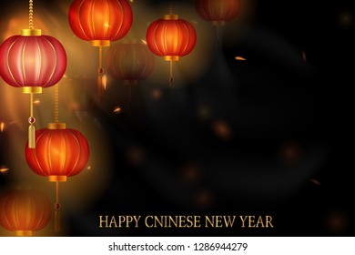 Happy Chinese New year.  Chinese red lanterns on a dark background design for card, flyers, invitation, posters, brochure, banners. golden bokeh. Traditional asian ornamental festive decoration.