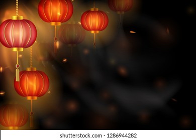 Happy Chinese New year.  Chinese red lanterns on a dark background design for card, flyers, invitation, posters, brochure, banners. golden bokeh. Traditional asian ornamental festive decoration.