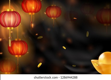 Happy Chinese New year.  Chinese red lanterns on a dark background design for card, flyers, invitation, posters, brochure, banners. golden bokeh. Traditional asian ornamental festive decoration.