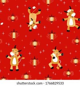 Happy Chinese New Year Red Background with Cartoon Cute Ox Characters. Holiday Seamless pattern with Funny Bulls and Golden Lanterns. 2021 Year of Ox Chinese Zodiac Sign. Vector illustration