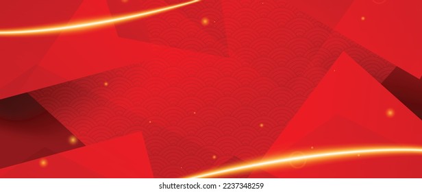 Happy Chinese New Year red background vector. Chinese and Japanese traditional pattern with geometric shapes, golden frame. Oriental style wallpaper for print, fabric, cover, banner, decoration.