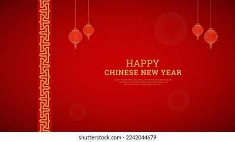 Happy Chinese New Year Red Background Design With Chinese Lanterns and Chinese Pattern Border