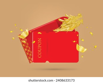 Happy chinese new year red  coupon gift voucher with lantern,asian elements gold paper cut style.