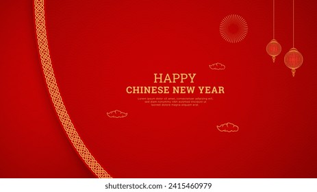 Happy Chinese New Year Red Background Design With Chinese Border Pattern and Lanterns