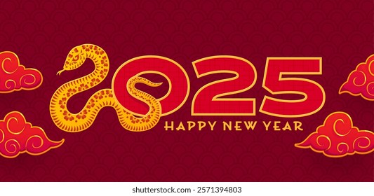 Happy Chinese new year red paper cut banner with snake. Cny greeting card with golden snake coiled within the number 2025 on traditional red festive background with intricate patterns and clouds