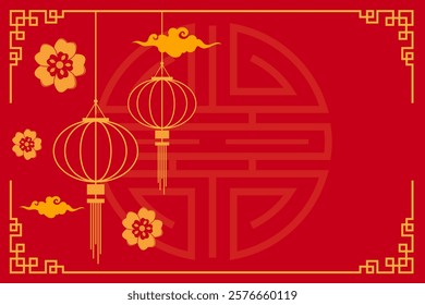 Happy Chinese New Year Red Lantern, greeting card vector background. Lunar new year calendar with gold floral and cloud silhouette ornament