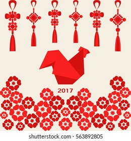 Happy Chinese new year of red rooster with lantern and flowers