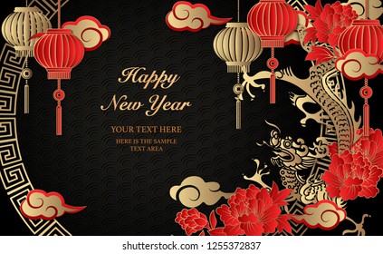 Happy Chinese new year retro gold red relief dragon peony flower lantern cloud and round lattice tracery frame