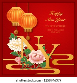 Happy Chinese new year retro red golden relief peony flower lantern cloud wave and alphabet design.