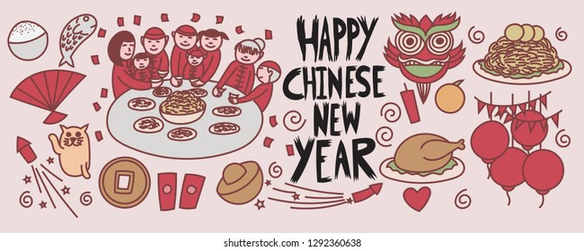 Happy Chinese New Year reunion doodles, calligraphy
