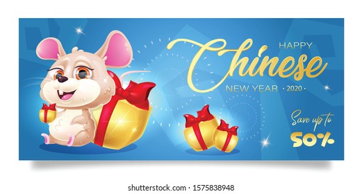Happy Chinese New Year sale banner cartoon template. Holiday special offer and discounts, seasonal clearance horizontal poster layout. Blue shiny background with mouse. Save up to 50 percent price off