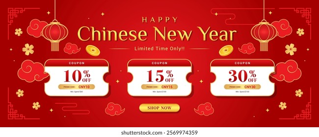 Happy Chinese New Year Sale promotion coupon banner vector illustration. Chinese festival Voucher template design