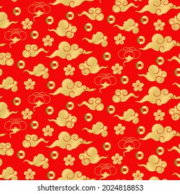 

Happy Chinese new year. Seamless pattern with golden clouds  and antique golden coins on red. Oriental traditional abstract background for Chinese New Year. Vector illustration

