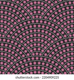 Happy Chinese New Year Seamless pattern .Garland of red plum flowers in bloom with white contour on a black background