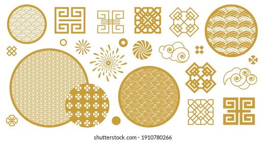 Happy Chinese New Year set. Ancient and modern ornaments with oriental motifs. Golden on white. Template for cards, wrapping paper, textile.