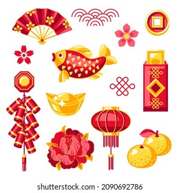 Happy Chinese New Year set. Talismans and holiday decorations. Asian tradition symbols.