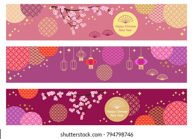 Happy Chinese New Year. Set of horizontal banners with geometric ornaments, oriental lanterns and blooming sakura. Purple and golden palette.