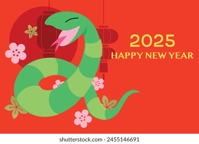 Feliz año nuevo chino de la tarjeta de dibujos animados de serpiente. Cute serpiente zodiacal con linternas decorativas chinas y fondo de flores de ciruela. Celebración del año nuevo lunar 2025.