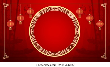 Happy Chinese New Year. Chinese snake zodiac sign with bamboo tree on mountain red background for card design. China lunar calendar animal. Empty space for text. Vector EPS10.