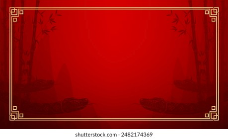 Happy Chinese New Year. Chinese snake zodiac sign with bamboo tree on mountain red background for card design. China lunar calendar animal. Empty space for text. Vector EPS10.