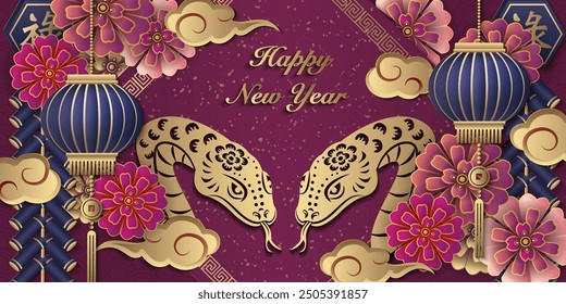 Happy Chinese new year of snake golden purple relief flower lantern cloud and firecrackers