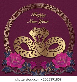 Happy Chinese new year of snake golden purple relief peony flower and lattice frame