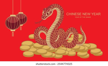 Happy Chinese new year , the snake zodiac sign with lantern, Asian , money elements red Background