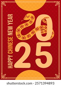 Happy Chinese new year of snake poster. Golden paper cut ornate reptile integrated into number 2025 and holiday greetings. Vector red festive banner with zodiac horoscope animal symbolizing prosperity