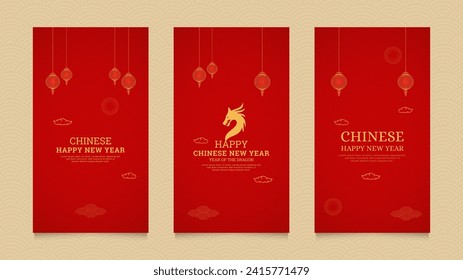 Happy Chinese New Year Social Media Stories Collection Template with Chinese Pattern Brushes Border and Chinese Lanterns