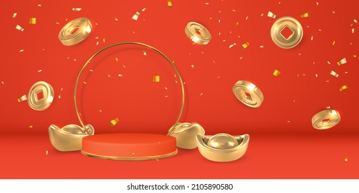 Feliz Año Nuevo Chino. Escenario para el producto en el podio de los cilindros con festivales chinos brillan linternas y monedas de oro. Elementos asiáticos tradicionales. Ilustración vectorial.