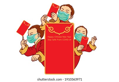 Happy Chinese New Year and stay safe from COVID-19 Concept. Illustration, shape, line, art, retro style in vector isolated on background.